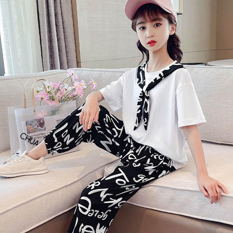 Girls Summer Suits Children's Short-sleeved Nine-point Trousers Anti-mosquito Pants Thin Comfortable and Loose Two-piece Set