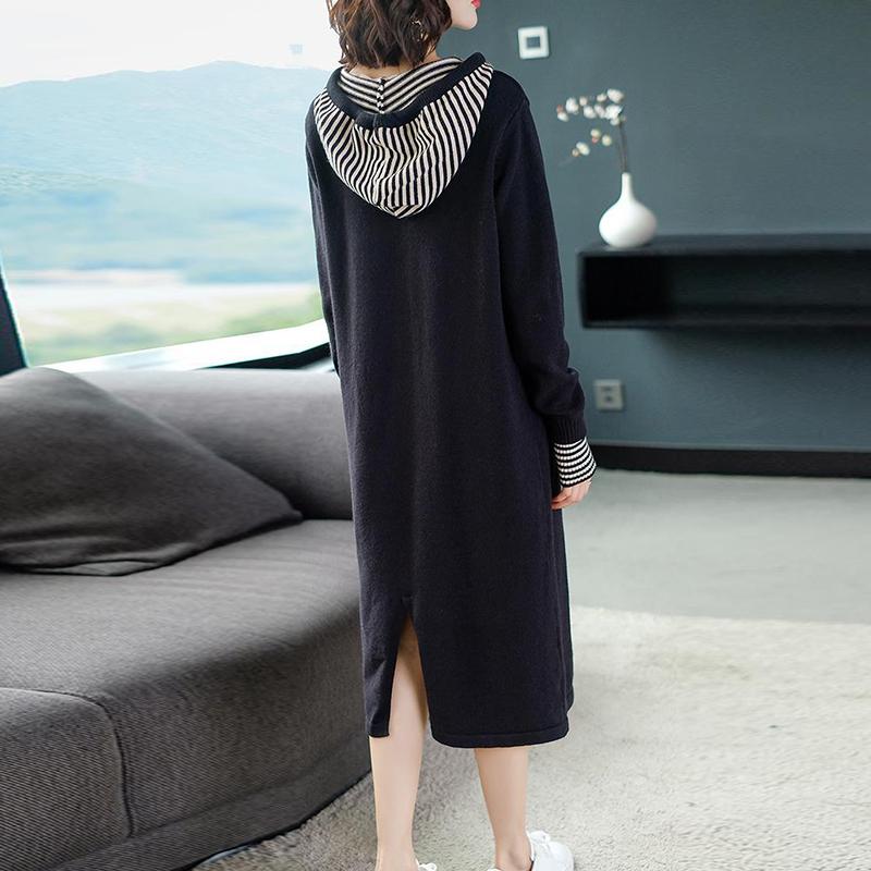 2021 Fall/winter Hooded Knitted Dress Women Long Over The Knee Plus Size Loose Sweater Dress Women