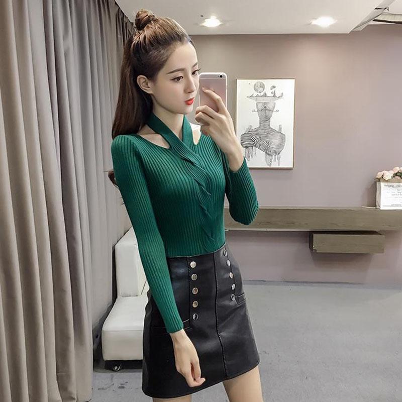 Autumn and Winter Hanging Neck Casual Sweater Retro Scottish Style Top V-neck Thin Women's Bottoming Shirt