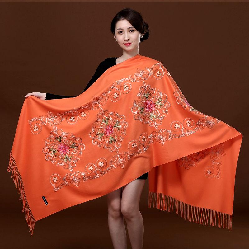 Red Embroidered Scarf Female Ethnic Style Thick Double-sided Warmth Shawl Dual-use Autumn and Winter Wild Long Section