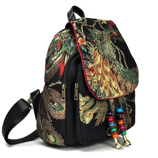 Vintage Women Backpack Embroidery Peacock Sequin Rucksack National Boho Beads Travel School Bag