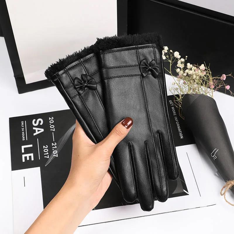 Women's Autumn Winter Leather Gloves Plus Velvet Warm Touch Screen Gloves Windproof Waterproof Bowknot Driving Leather Gloves Full Fingers Mittens