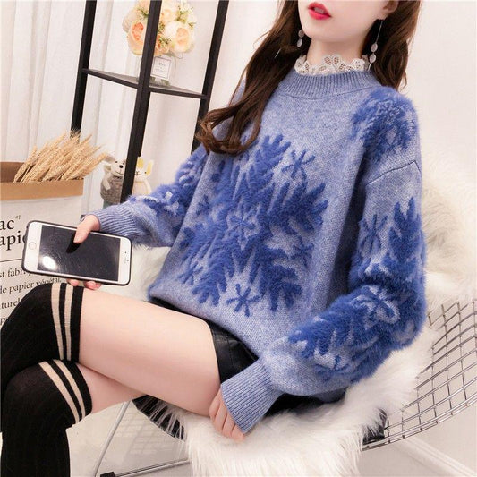 Autumn and winter neckline lace sweater women plush cold winter warm outside wearing a sweater