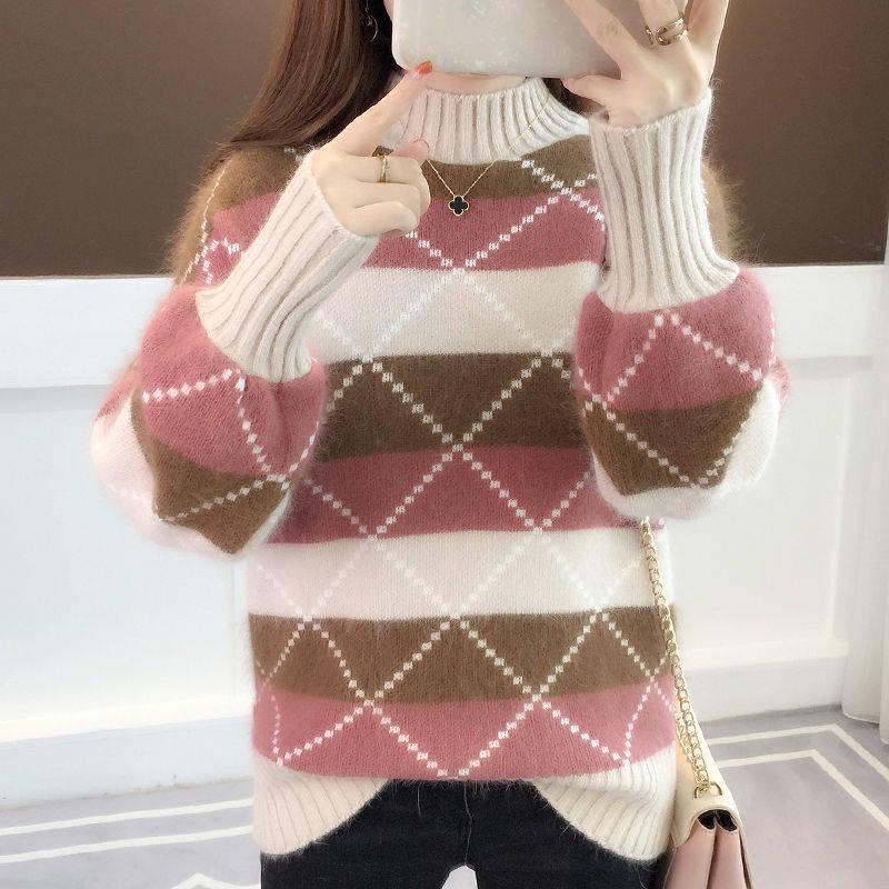 Pofulove Mohair Girly Lantern Sleeve Turtleneck Knitwear Skin-friendly Losse Plaid Pullover Sweater