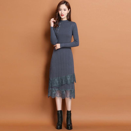 Women's Bottoming Dress In Spring and Autumn Mid-length Over The Knee Lace Knit Slimming Slimming Sweater Skirt Soft Fabric