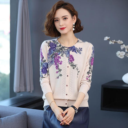 Autumn and Winter Printed Cardigan Women's Plus Size Casual Sweater Coat High-end Wool Sweater