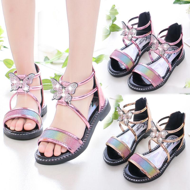 Girls Sandals Summer Korean Princess Sandals Rhinestone Roman Sandals Non-slip Soft Bottom Big Kids