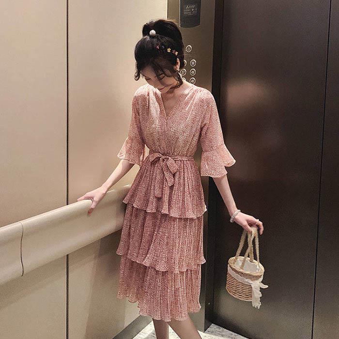 Pofulove S-XL Women V-neck Floral Chiffon Dress Thin Slim A-line Dress Flared Sleeve Long Dresses