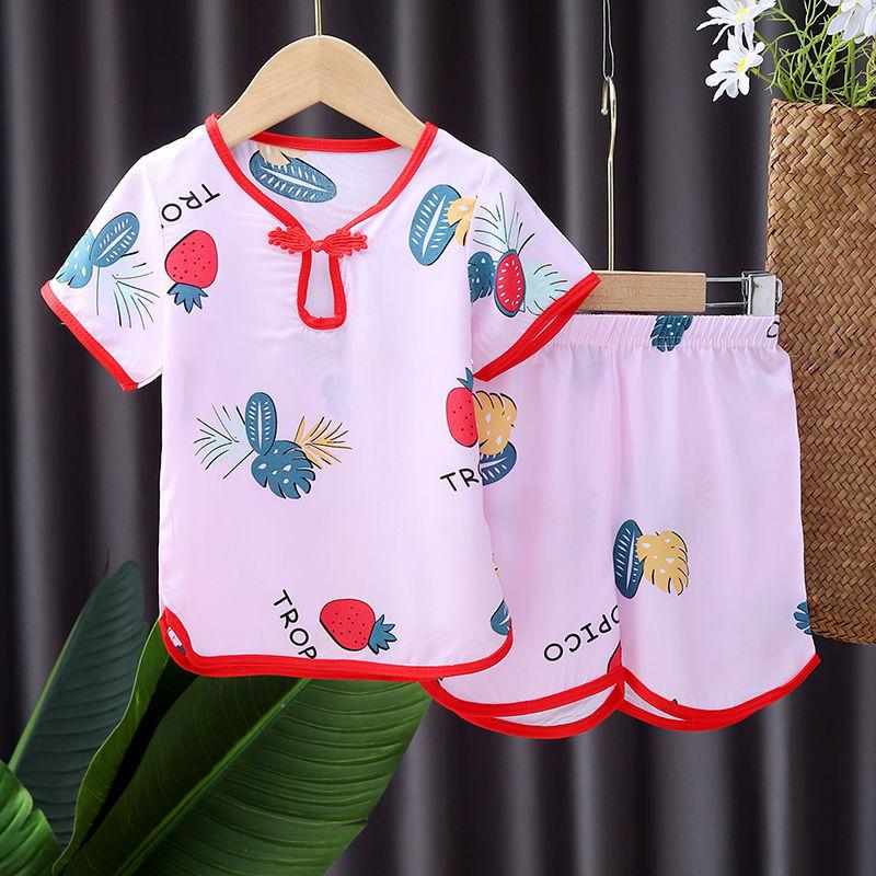 Girls' Short-sleeved Suit Cotton Silk Children's Hanfu Summer Children's Clothing Baby Girl Shorts Chinese Style Pajamas Two-piece