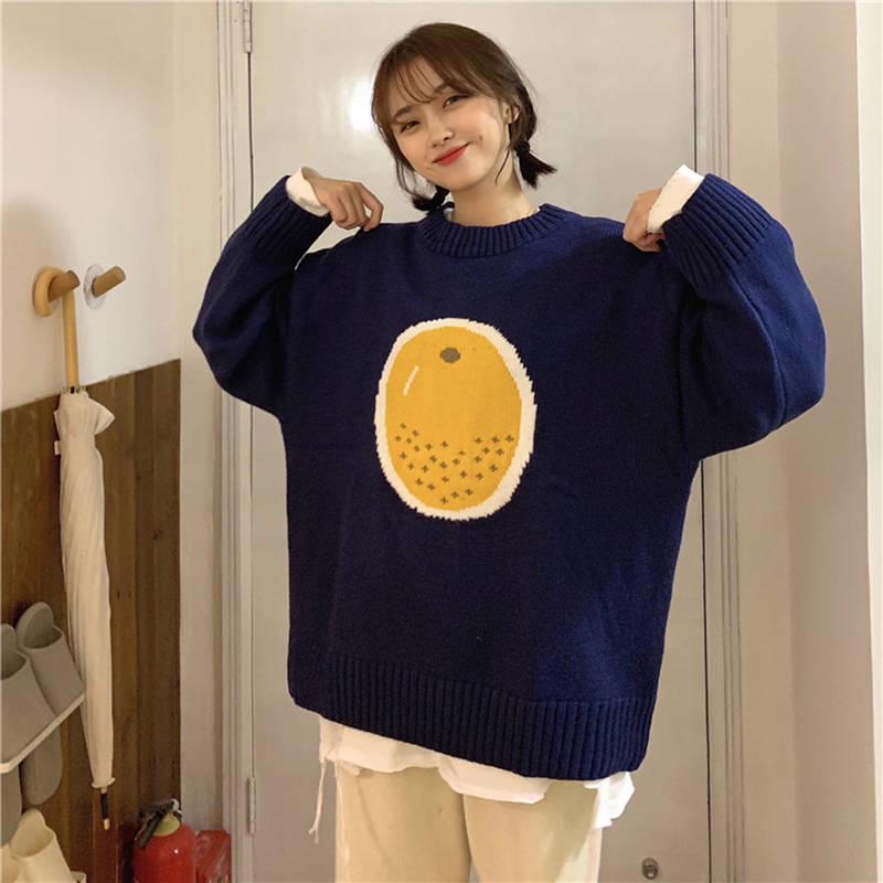 Pofulove Autumn Winter Fun Fruit Jacquard Sweater Loose Thick long Sleeved Pullover Sweater Women