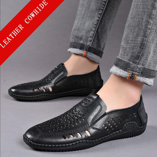 Leather Cowhide Hollow Leather Shoes Men's Summer Casual Shoes Breathable Soft Sole Outdoor Hole Shoes Men's Sandals