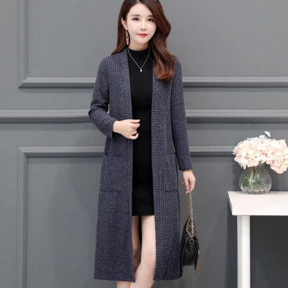 Autumn and Winter Knitted Cardigan Jacket Mid-length Thick Long-sleeved Sweater Pure Color Simple Female Jacket