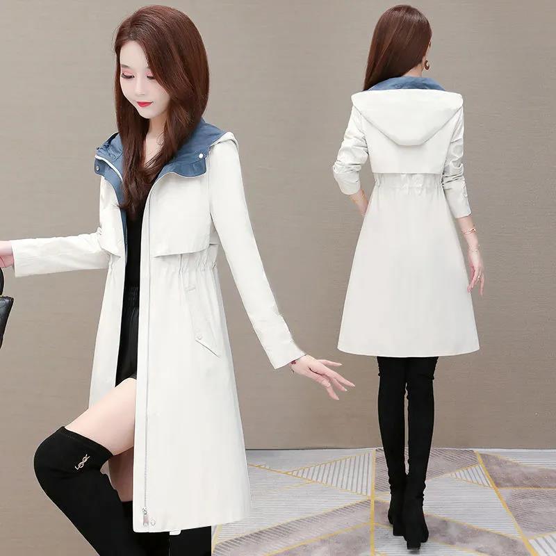 Women Boutique Slim Jacket Spring & Fall Hooded Coat Solid Color Casual Windbreaker Tight Waist Parka Long