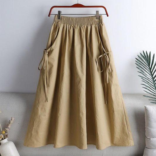 Summer Cotton All-match Solid Color Lace Drawstring Pocket Mid-length Cotton Workwear Half-length A-line Skirt Women