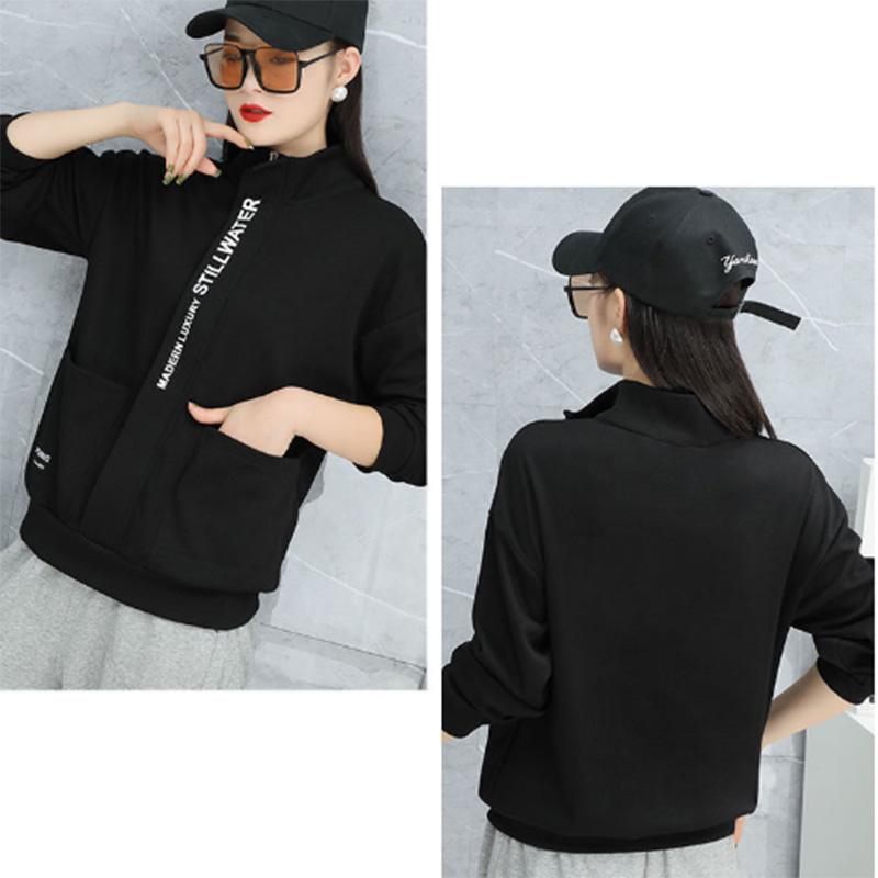 Standing Collar Zipper Jacket Western Style Shows Thin Versatile Fashion Casual Sports Sweater Women's Solid Color Jacket