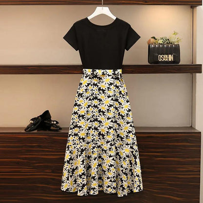 Women Summer Elegant Casual Skirt Suit Round Neck Short Sleeve Balck T-shirt High Waist Irregular Floral Print Skirt Vintage Two Pieces Set