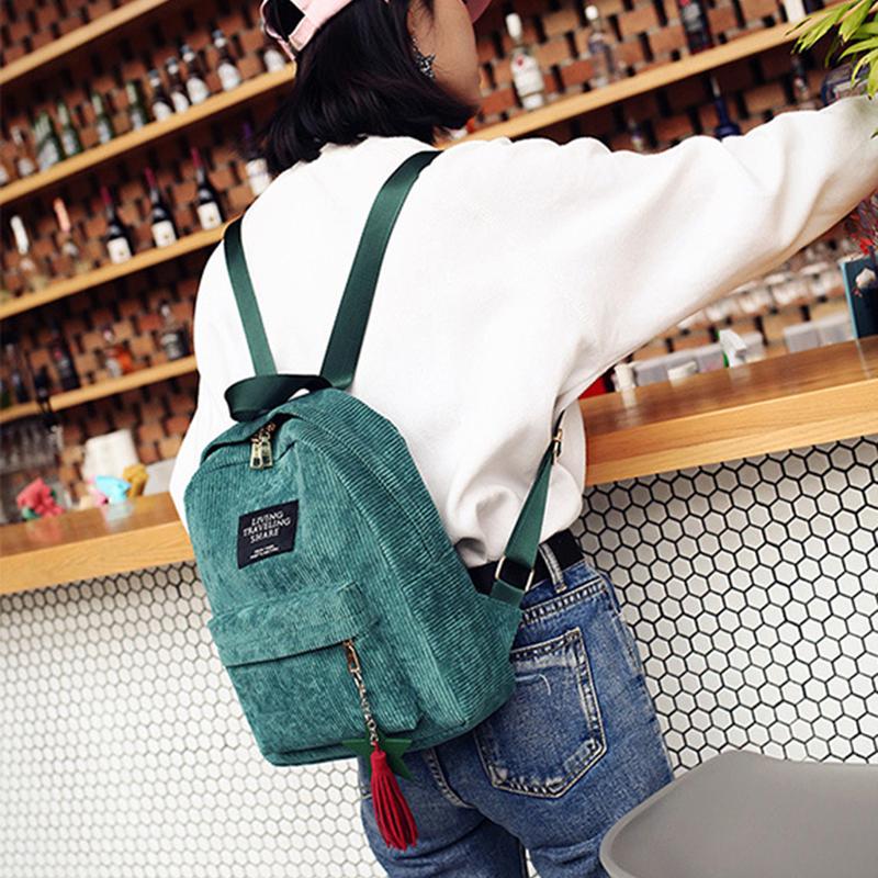 Corduroy Backpack for Women Cute Tassel Student School Bag Casual Knapsack