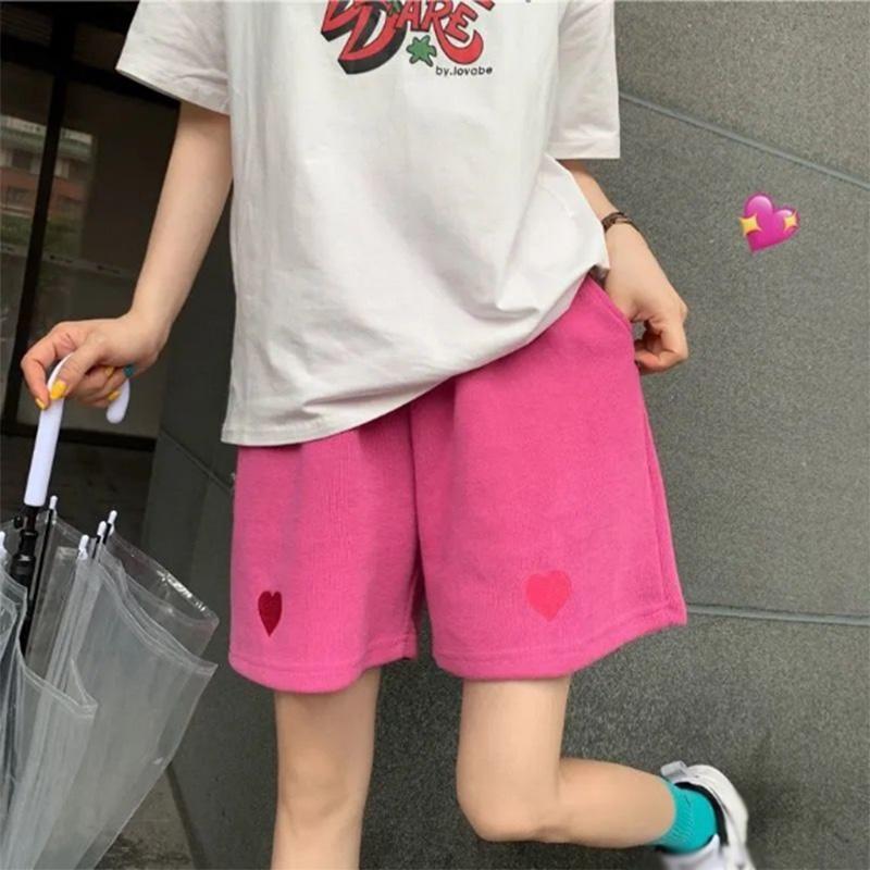 Embroidered Casual Sports Shorts Women's Summer Wide-leg Pants Loose Solid Color High Waist Straight Five-point Shorts