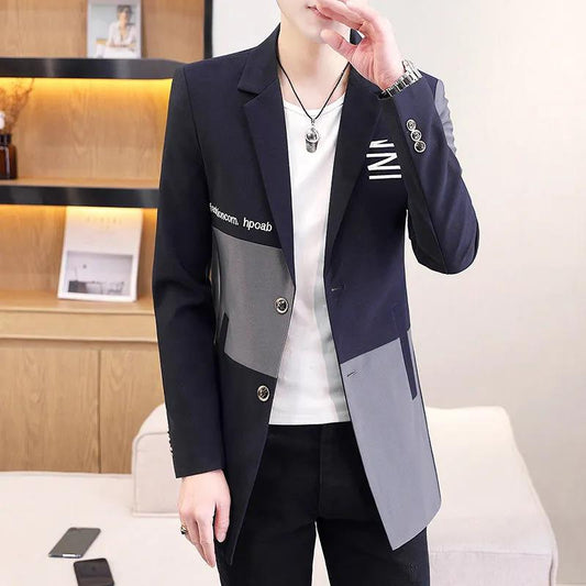 Men V-neck Business Suit Stitching Color Buttons Coat Casual Slim Windbreaker Trend Parka Spring & Fall