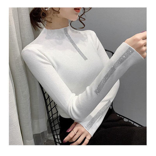 Women's Long-sleeved Slim-fit Sweater for Fall/winter Fashion with Diamond-studded Sweaters with Thickened Pullover Sweaters