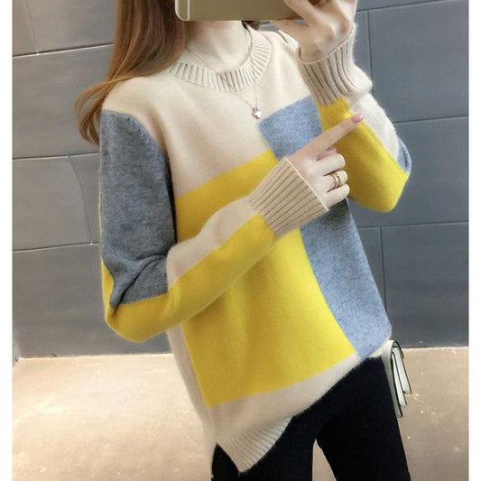 Candy-colored Knitted Bottoming Shirt Color Matching Thin Loose Blouse Plus Size Long-sleeved Sweater Women