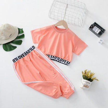 Children's Suit Girls' Summer Thin Loose High Waist Suit Korean Solid Color Short Sleeve Anti Mosquito Suit Two Piece Casua Set