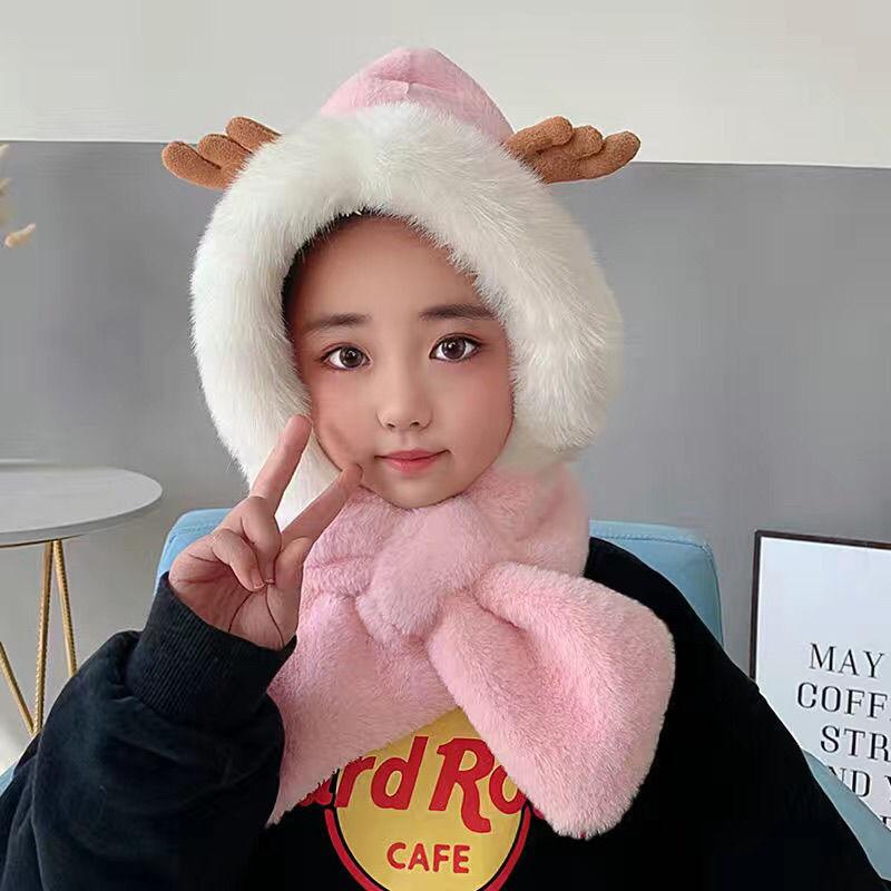 Autumn and Winter New Children's Antler Hat Scarf Integrated Plush Thickened Lovely Warm Hat Men's Treasure Women's Treasure Small Hat