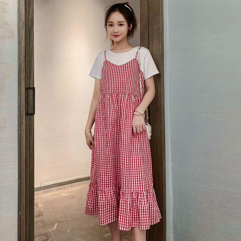 Loose Large Size Dress Suspender Type Round Neck Short-sleeved Casual Dress Waist Slimming Simple Ladies Dress Loose and Slim