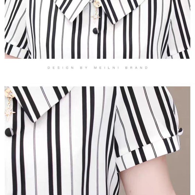 Short-sleeved Chiffon Shirt Women's Temperament Striped Shirt Top V-neck Short-sleeved Striped Thin Fabric Light and Breathable Cool