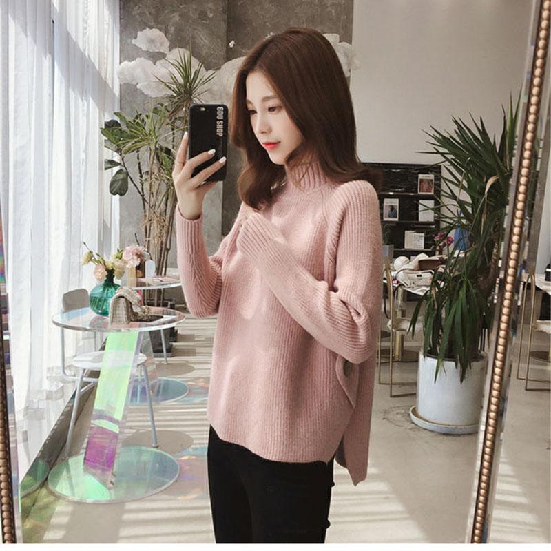 Autumn and Winter Half Turtleneck Sweater Long-sleeved Loose Thick Coat Pure Color Young Women's Knitted Top