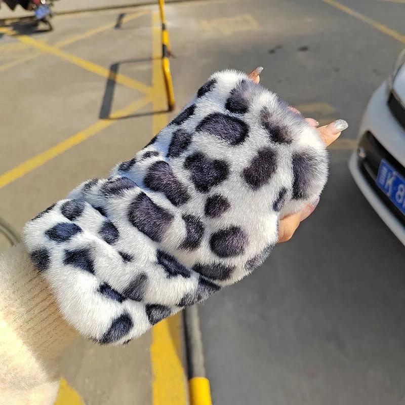 Women's Half-finger Gloves Winter Korean Style Leopard-print Faux Fur Rex Rabbit Fur Mittens Warm Thick Plush Fingerless Gloves Hand Wrist Warmer