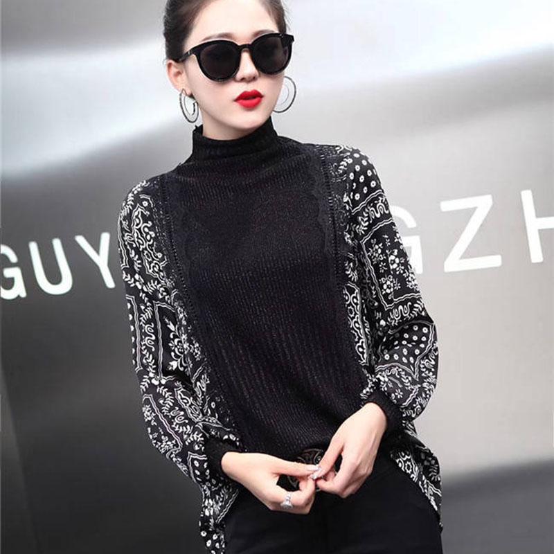 Spring Autumn Vintage Printed Sweater Women Loose Korean Knitwear Top High Neck Pullover Sweater