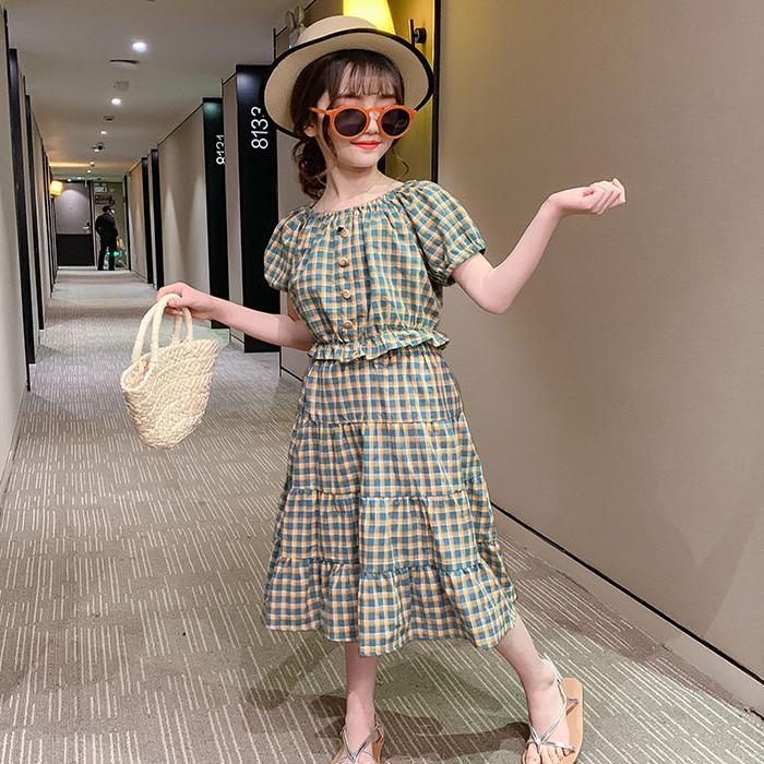 Girls Summer Korean Cake Skirt Suit Girl Western Style Cotton Plaid Short-sleeved Skirt Two-piece