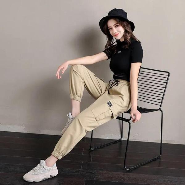 Women Summer Large Size Overalls Loose Solid Color Cropped Pants High Waist Elastic Thin Sports Pants