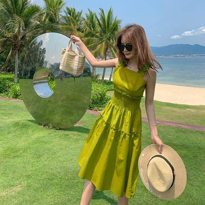 Pofulove Women Retro Thin Green Elastic Waist Strap Dress Below The Knee Sling Dresses Beach Dress