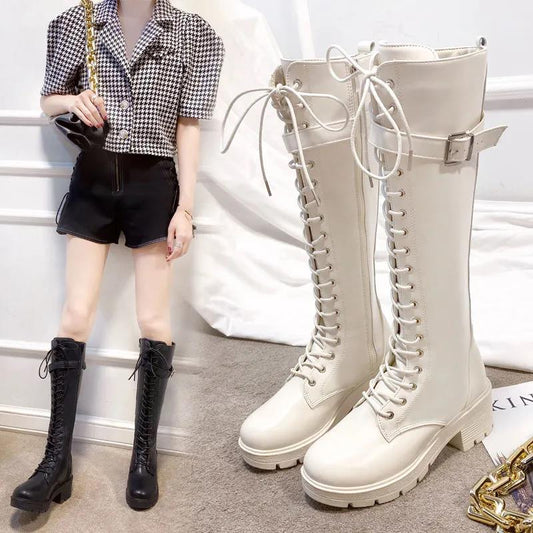 Long Boots Autumn and Winter Knight Boots Lace-up Riding Boots British Style But Knee Boots Women's High Heels Boots