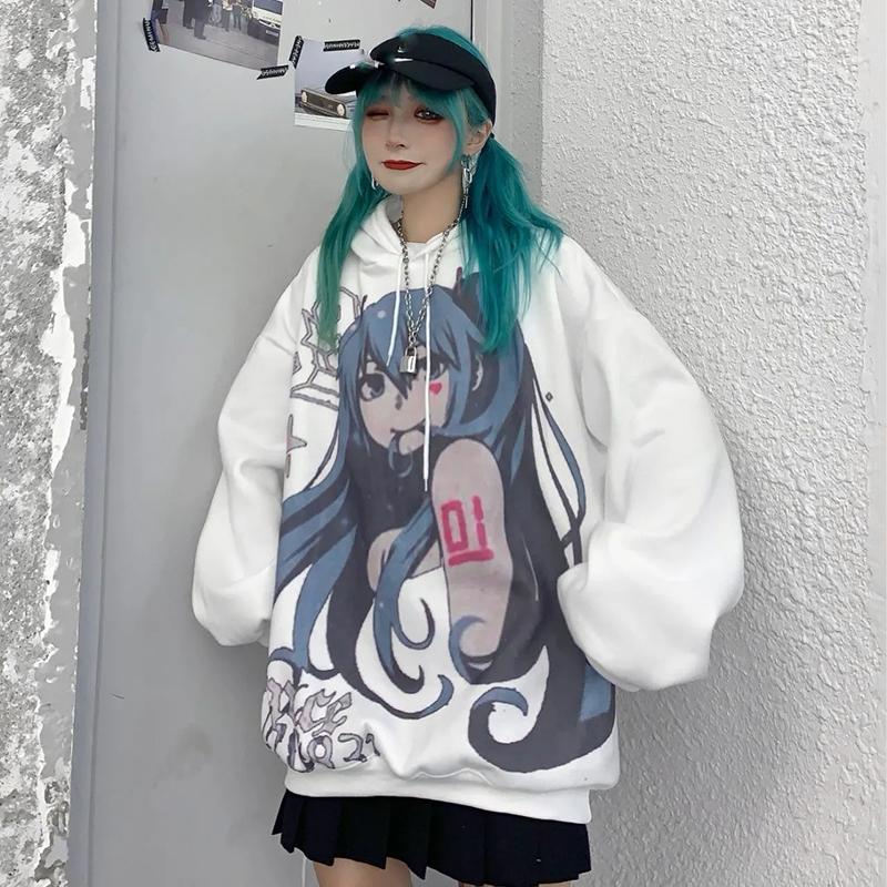 Anime Sweatshirts Hoodies Women Oversized Fashion Printed Streetwear Hip Hop Harajuku Pullovers Pink Girl Pattern Plus Size Loose Hooded Tops Women