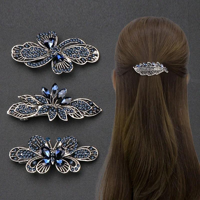 Retro Rhinestone Spring Clip Hairpin Ponytail Clip Headdress Horizontal Clip Hair Accessories Girl Hairpin