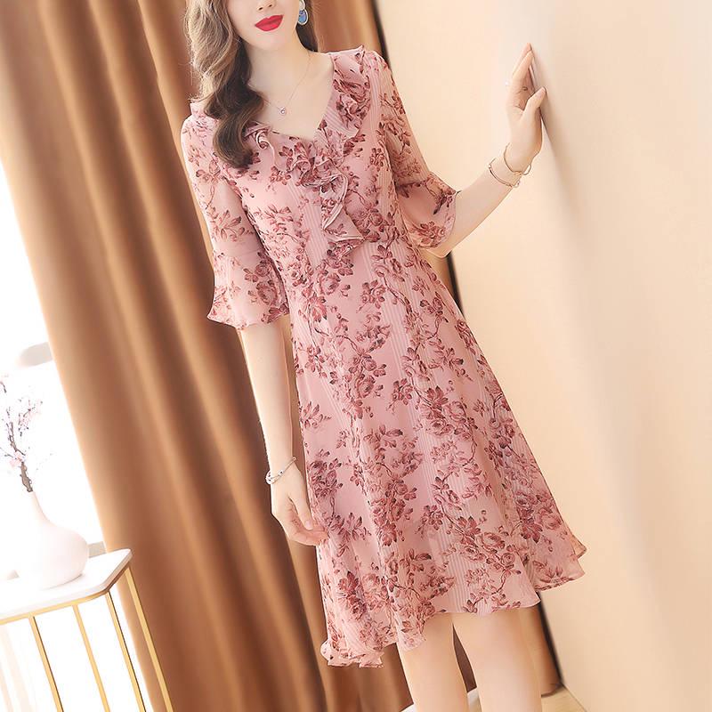 Chiffon Waist Party Dress A-line Women Ruffled Sleeve Print Floral Dress Female Vestido Plus Size