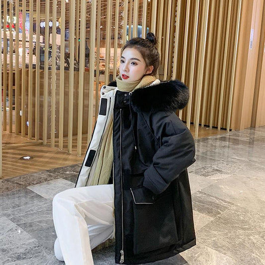 Women's Mid-length Down Padded Jacket Korean Fashion Women's Thick Loose Large Fur Collar Padded Jacket