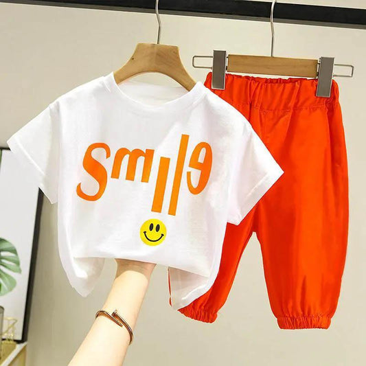 Boys and Girls Summer Clothes Cute and Handsome Short-sleeved Cropped Pants Baby Korean Summer Two-piece Suit