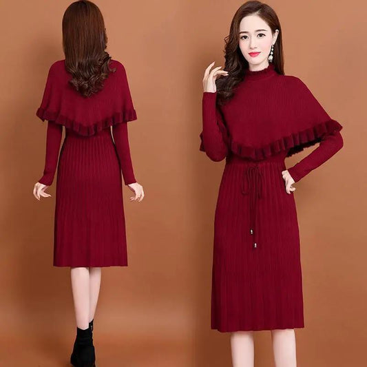 Knitted Dress Women's 2021 Autumn and Winter Temperament Winter Dress Mid-length Bottoming Inner Sleeve Sweater Dress Dress