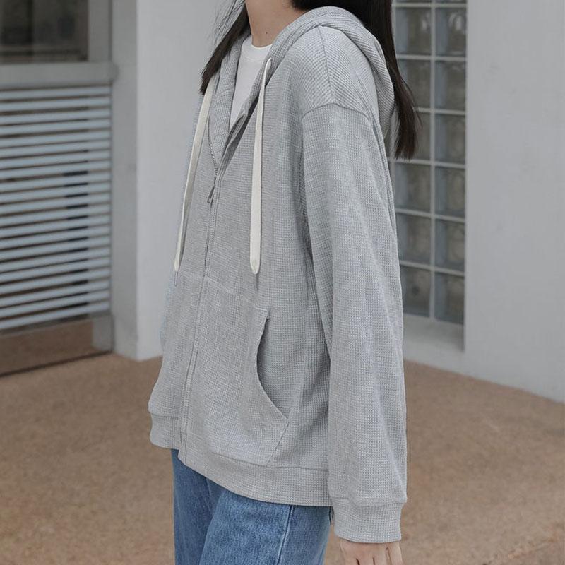 Schoolgirls Thin Long Sleeve Hooded Sweater Cardigan Jacket Waffle Sweater Ladies Zipper Jacket Top Casual Loose Coat