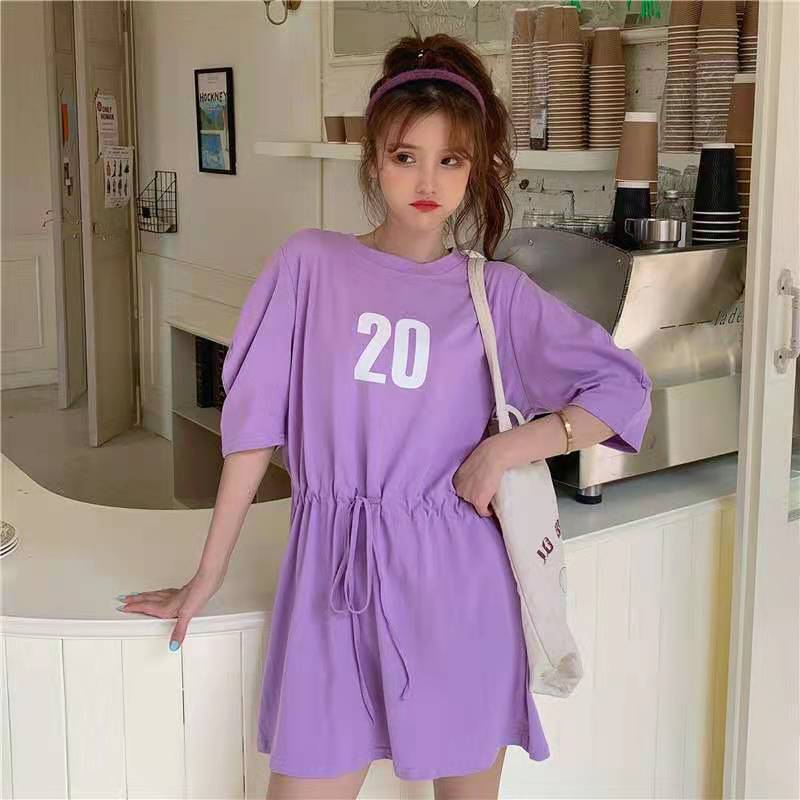 T-shirt Dress Mid-length Women's Summer Waist Waist Was Thinner Drawstring Loose Leisure Sports Style Short Dress