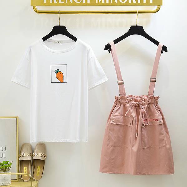 Pofulove Skirt Suit Women Printed T-shirt Strap Skirt Two-piece Loose Strap Skirt Summer T-shirt Set