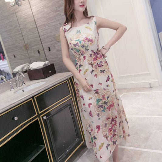 Fashion Bohemian Floral Print Dress Strap Long Beach Dress Sleeveless Summer Printed Midi Dress