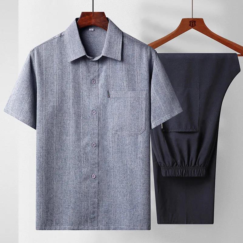 Men's Short-sleeved Shirt Suit Middle-aged Dad Summer Cotton and Linen Short-sleeved Shirt Men's Thin Loose Old Clothes