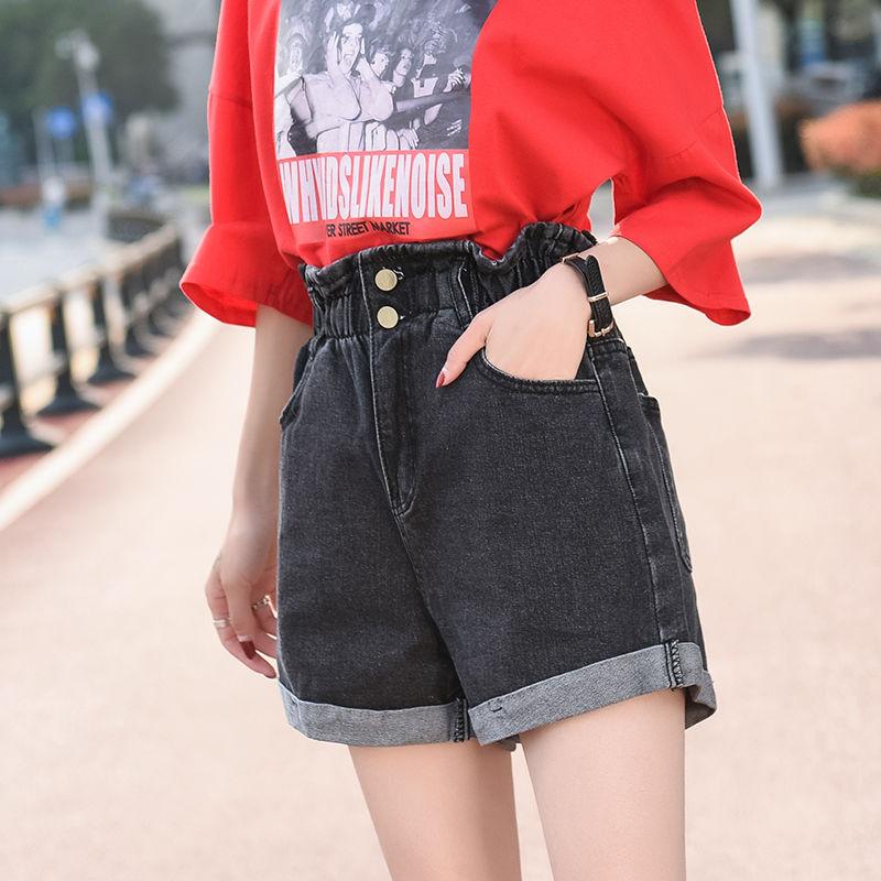 WTEMPO Denim Shorts Women Big Pocket Elastic Waist Loose Spring and Summer Wide Leg A-line Thin Casual Jeans