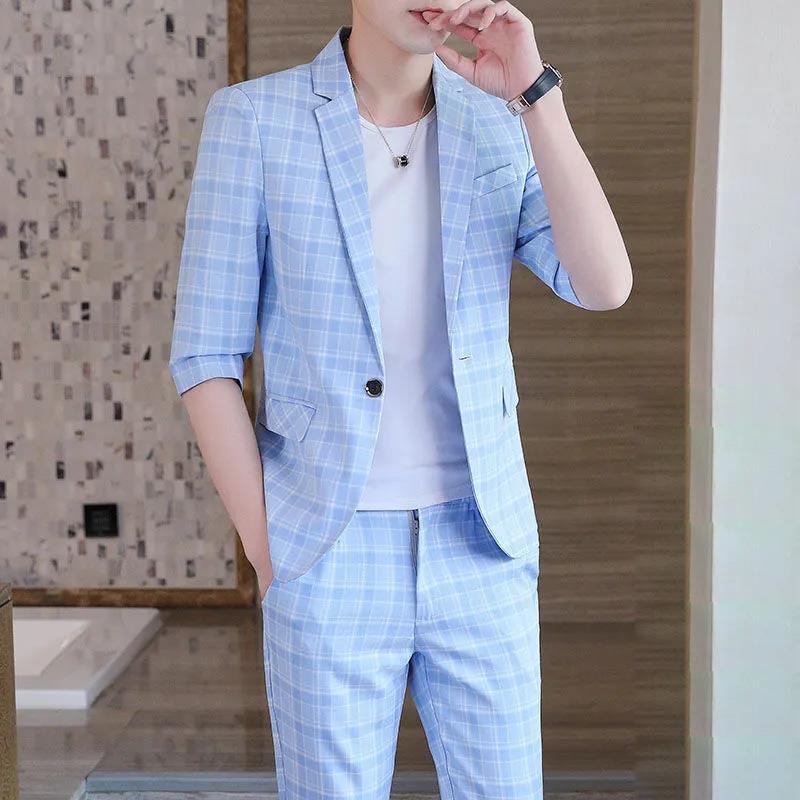 Men's Suit Three-quarter Sleeves Summer Thin Slim Half-sleeved Suit Men's Jacket Fashion Three-piece Men's Trend