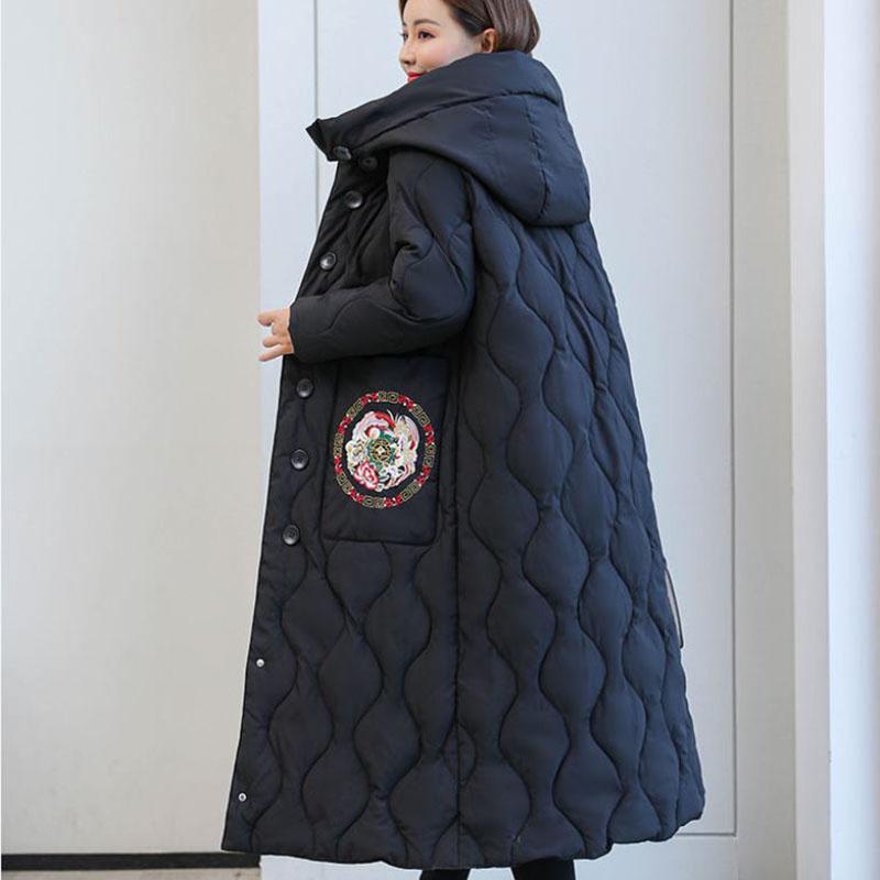 Winter Women's Down Jacket Retro Embroidery Long Cotton Jacket Thick Warmth Folk Style Over-the-knee Windbreaker Jacket